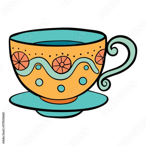 A zentangle-style tea cup filled with intricate swirls, geometric patterns, and floral lines, creating a calming, artistic design that blends elegance with mindful detail.”