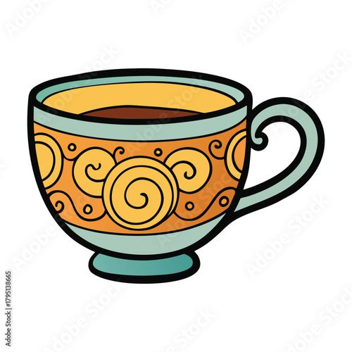 A zentangle-style tea cup filled with intricate swirls, geometric patterns, and floral lines, creating a calming, artistic design that blends elegance with mindful detail.”