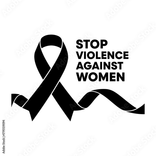 Vector black ribbon symbolizing stop violence against women with text on white background illustration