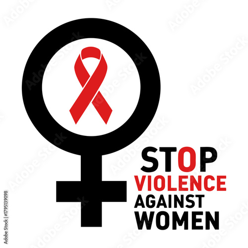 Vector graphic depicting a female symbol with a red ribbon inside, accompanied by the words stop violence against women