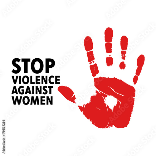 Vector image depicting a red handprint with the text stop violence against women on a white background