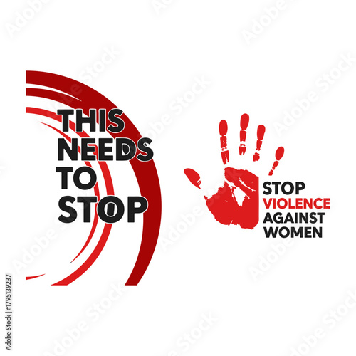 Vector image depicting a red hand print and the text this needs to stop and stop violence against women message
