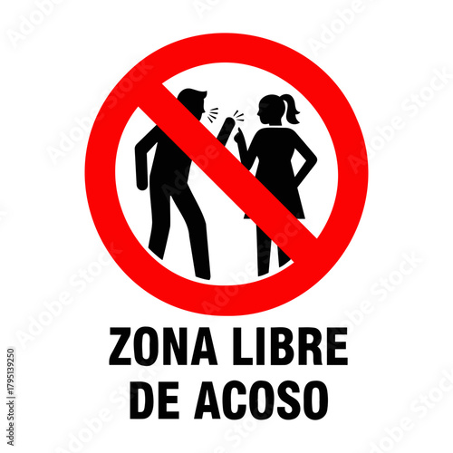 Vector sign depicting a man and a woman arguing inside a red circle with a line through it and zona libre de acoso