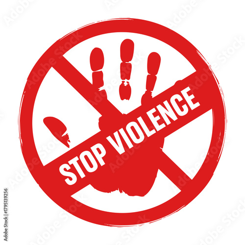 Vector red stop violence sign with a hand and a diagonal line through it on a white background circle
