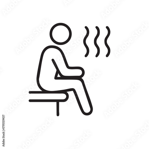 Simple line drawing depicts a person seated on a toilet releasing steam indicating restroom use