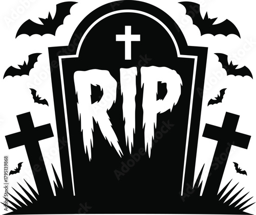 Rip tombstone with bats silhouette for halloween vector illustration
