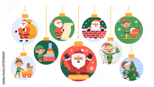 Joyful Christmas Ornament Collection: A vibrant assortment of festive ornaments, each showcasing a delightful illustration of Santa Claus and his whimsical elf companions.