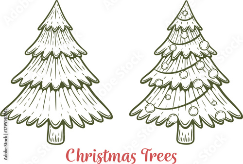 Two christmas trees, bare naked and decorated with ornament, balls and bubbles engraving isolated