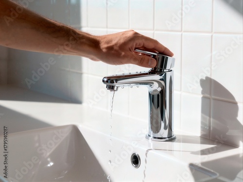 A human hand reaches to turn on a sleek, modern chrome faucet in a brightly lit bathroom, showing clean white tiles and water dripping into the sink.