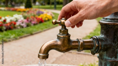 Fototapeta Naklejka Na Ścianę i Meble -  A hand turns a vintage bronze outdoor tap, set against a colorful park scene with various flowers in bloom, emphasizing water conservation and public amenities.