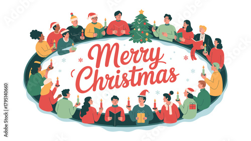 A Festive Christmas Gathering: A harmonious circle of individuals united by the spirit of Christmas, singing carols amidst a backdrop of holiday cheer.