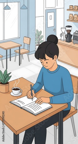 Young Woman Studying and Writing in a Notebook at a Cozy Cafe.