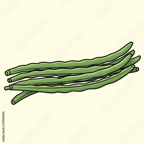 Creative illustration of fresh green beans in a retro comic style