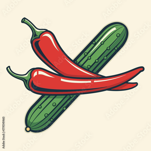 Crisp cucumber and spicy chili peppers crossed over each other illustration