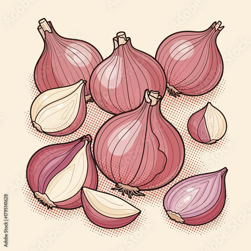 Elegant Red Onions Grouping with a Pop Art Aesthetic and Halved Portions