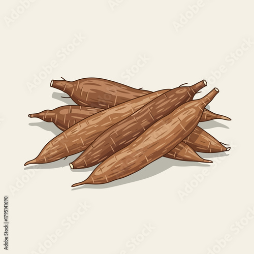 Hand-drawn illustration of fresh cassava root vegetables on a neutral background
