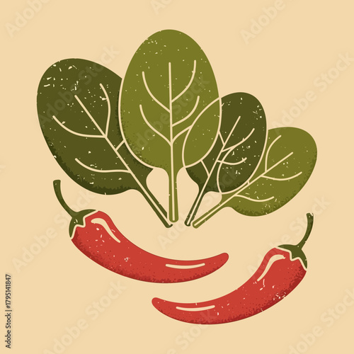 Minimalist vector art of vibrant red peppers and spinach leaves composition