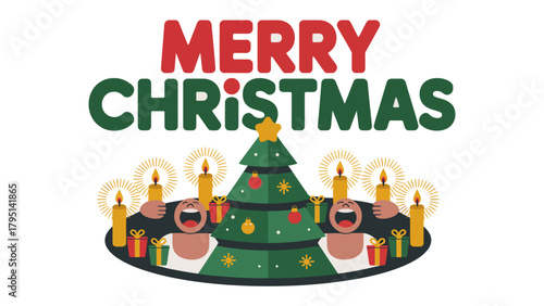 Joyful Yuletide Greetings: A festive illustration encapsulates the season's cheer, with a vibrant Christmas tree at its heart, surrounded by radiant candles, gifts, and a message of Merry Christmas.
