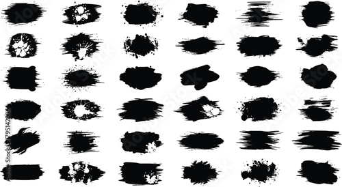 Collection of thirty six black ink brush strokes for design