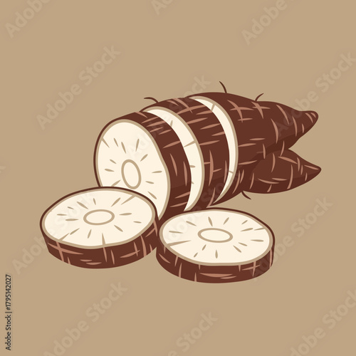 Stylized sliced cassava root illustration on earthy background tone