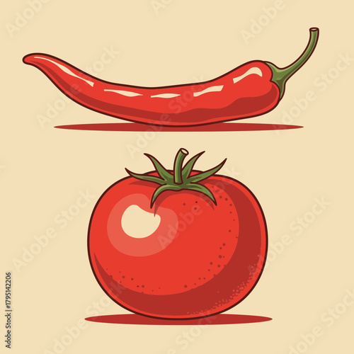 Vibrant red tomato and chili pepper illustration on neutral background