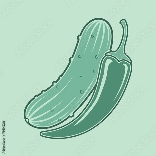 Stylized vector illustration showcases a pickle and jalapeño pepper, offering a unique perspective