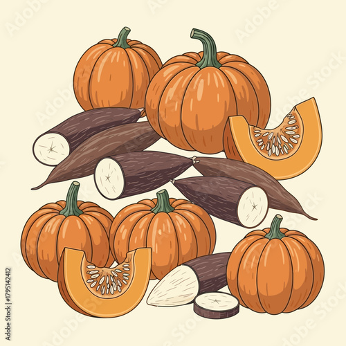 Fall harvest bounty: Illustration with pumpkins and cassava arrangement