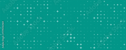 Seamless background pattern of evenly spaced white plus symbols of different sizes and opacity. illustration on teal background with stars