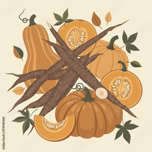 Arrangement featuring pumpkins and cassava root creating a seasonal concept