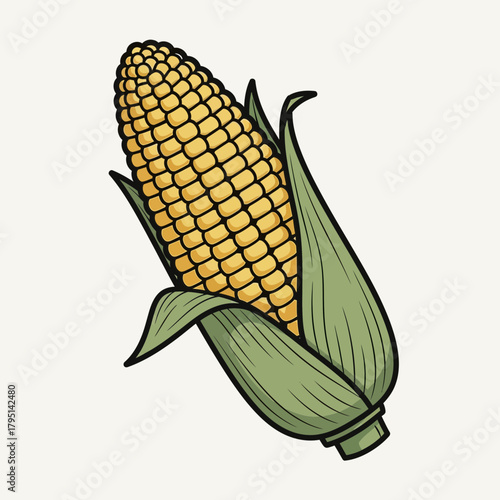 A Detailed Illustration of a Vibrant Corncob with Fresh Green Husks