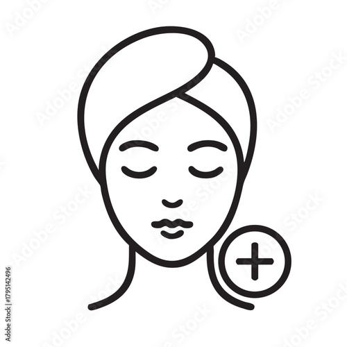 a simple line drawing depicts a woman s face with eyes closed and a medical symbol nearby