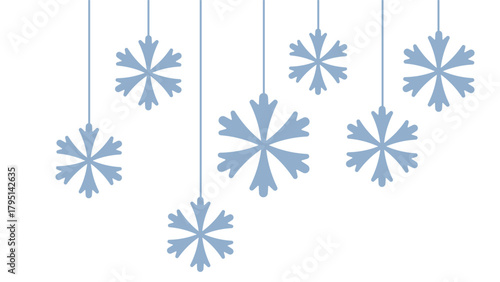 Minimalist winter graphic featuring seven stylized pale blue snowflakes hanging at various lengths by thin lines against a clean white background. Simple and elegant design for Christmas, New Year, or