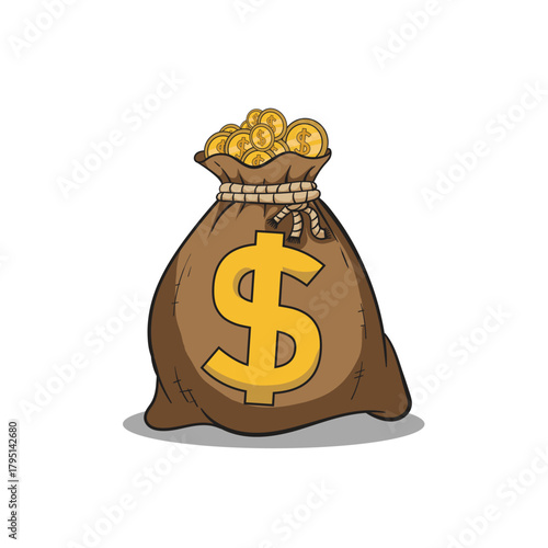 Money Bag Filled with Shiny Gold Coins – Vector Illustration of Wealth, Savings, Finance and Investment