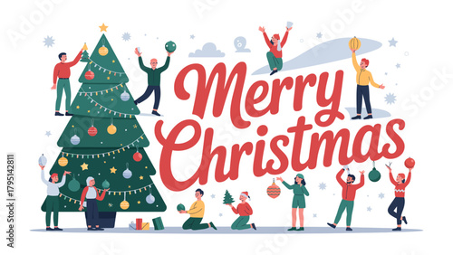 Merry Christmas Gathering: joyful gathering of individuals decorating a festive Christmas tree. The scene exudes the warmth and cheer of the holiday season.