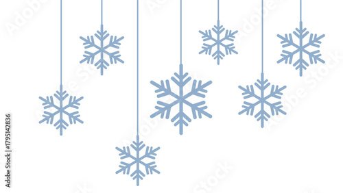 Minimalist winter graphic featuring seven stylized pale blue snowflakes hanging at various lengths by thin lines against a clean white background. Simple and elegant design for Christmas, New Year, or