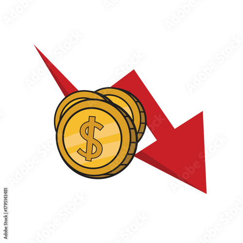 Falling Dollar Coins With Bold Red Down Arrow – Market Crash, Financial Loss, Decline and Economic Risk Vector Illustration