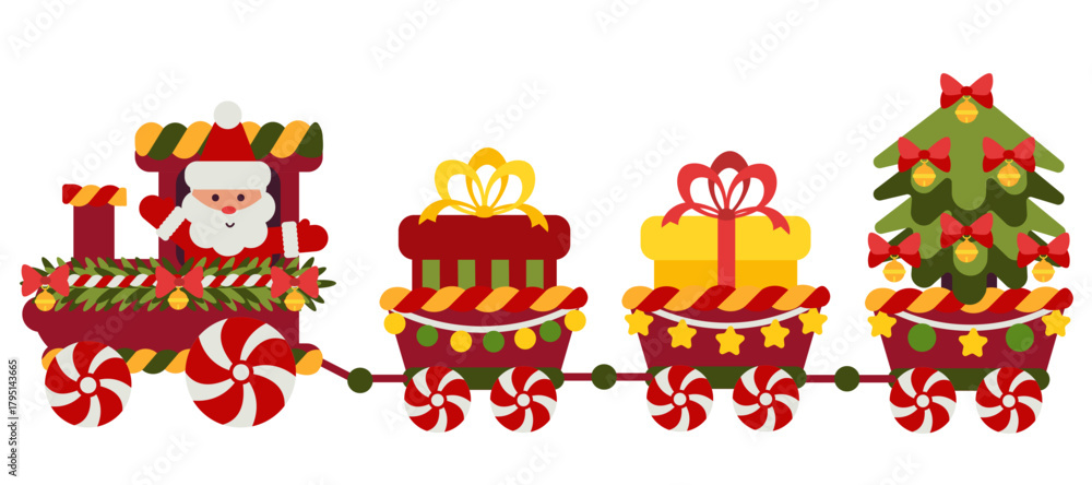 Obraz premium Red Christmas train with Santa Claus, gifts, and decorated tree. Perfect for festive posters, cards, and children’s holiday art.