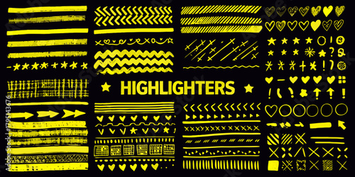 Collection of hand drawn yellow highlighter brush strokes and graphic elements on black background