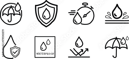 Waterproof icon set. Containing water resistant, water protection, hydrophobic fabric and more. Vector illustration. 