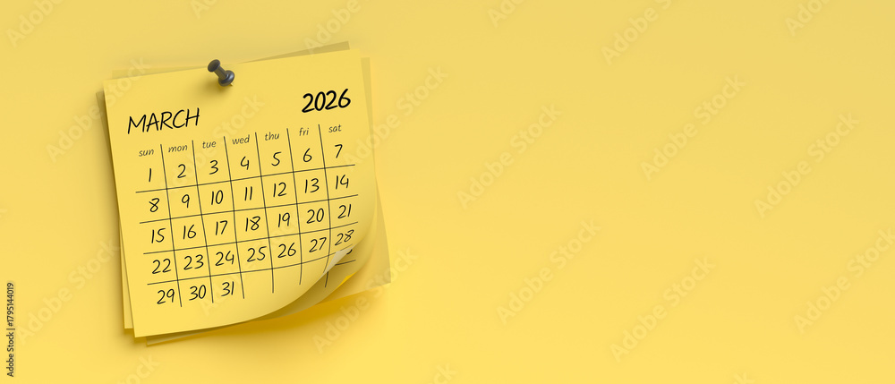 Fototapeta premium March 2026 Calendar Page with Yellow Background