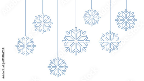 Minimalist winter graphic featuring seven stylized pale blue snowflakes hanging at various lengths by thin lines against a clean white background. Simple and elegant design for Christmas, New Year, or