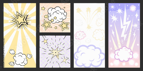 Collection of comic book style explosion and starburst graphics with clouds and lightning bolts