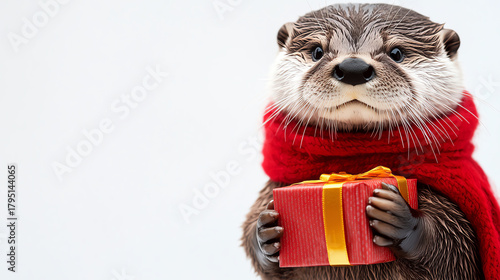 Little otter wearing red scarf, holding gift box, white background