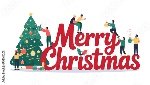 Festive Decor: Illustrative scene capturing the spirit of Christmas, people working together to decorate the tree and the surroundings, embodying the holiday spirit.