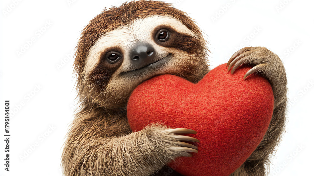 Obraz premium Sloth hugging big heart, smiling, white background