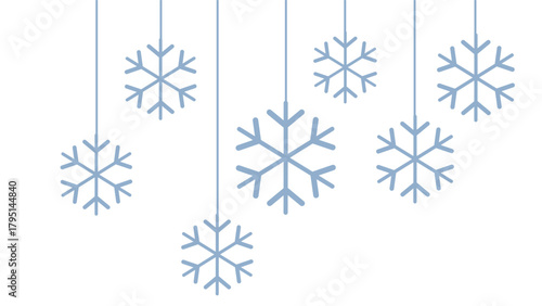 Minimalist winter graphic featuring seven stylized pale blue snowflakes hanging at various lengths by thin lines against a clean white background. Simple and elegant design for Christmas, New Year, or