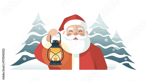 Santa's Guiding Light: A jovial figure of Santa Claus, with a warm smile, holds a glowing lantern amidst a snowy winter landscape, symbolizing hope and guidance during the festive season.