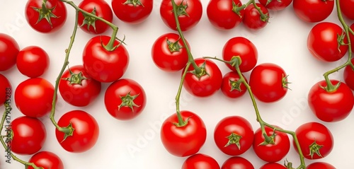 Vibrant red cherry tomatoes arranged in a pleasing pattern on a pristine white background, cherry tomatoes,  juicy © Anawin