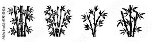 Collection of four stylized bamboo sprigs with detailed stems and leaves in black and white