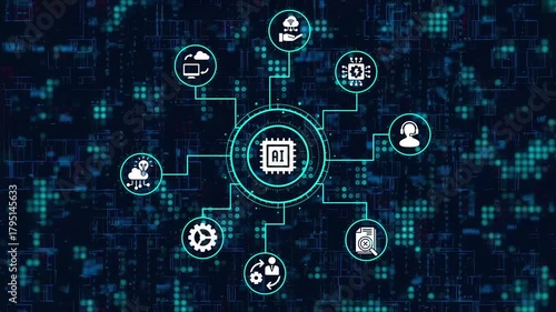 The animation shows the concept of artificial intelligence and machine learning, which is the future of computer science and technology, with a digital background